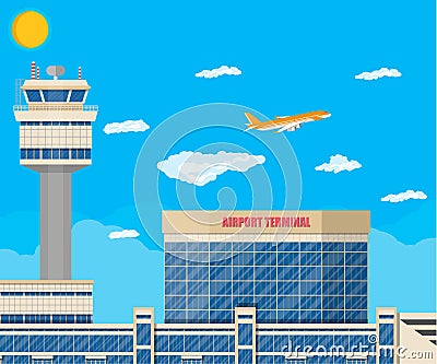 Airport control tower, terminal building Vector Illustration