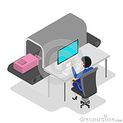 Airport conveyor belt. Baggage security scan control Vector Illustration