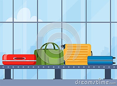 Airport conveyor belt with luggage. Carousel system with travel suitcases and bags with stickers. Cartoon baggage claim area. Vector Illustration
