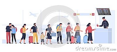 Airport departure area. Plane boarding flight register, tourists with luggage in landing queue check in vector Vector Illustration