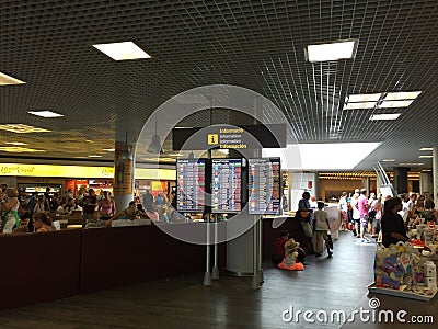 Airport departure board screen in Palma Mallorca Editorial Stock Photo