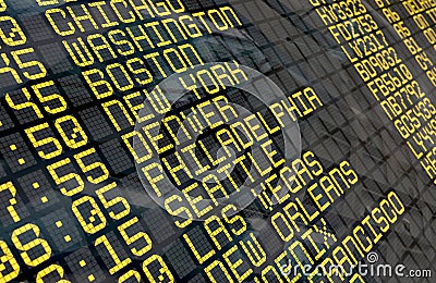 Airport Departure Board with USA destinations Stock Photo