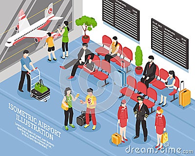 Airport Departure Lounge Isometric Poster Vector Illustration