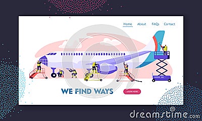 Airport Employee Servicing Plane Landing Page. Man on Stair Washing Plane. People in Uniform Clean and Wash Airplane. Cleaning Vector Illustration