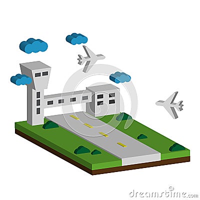 Airport flat 3d web concept vector. Terminal building, airfield, runway airstrip landing strip, Vector Illustration