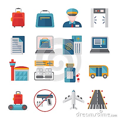 Airport Flat Icons Set Vector Illustration