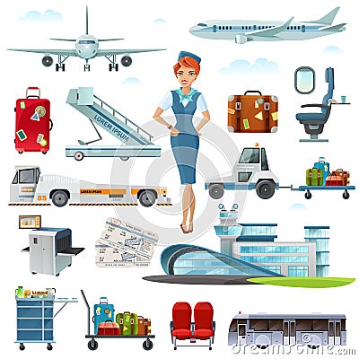 Airport Flight Accessories Flat Icons Set Vector Illustration