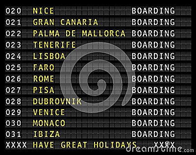 Airport flight information display,holiday destinations Vector Illustration