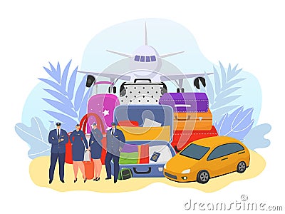 Airport flight for travel, pilot stewardess with luggage and airplane vector illustration. Plane service people crew Vector Illustration