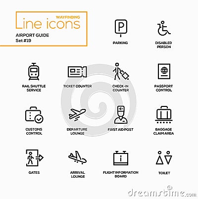 Airport Guide - modern vector single line icons set Vector Illustration