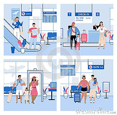 Airport halls interior set with traveling families, sketch vector illustration. Vector Illustration
