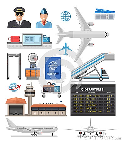 Airport icon set with pilot, stewardess, aircraft and equipment Vector Illustration