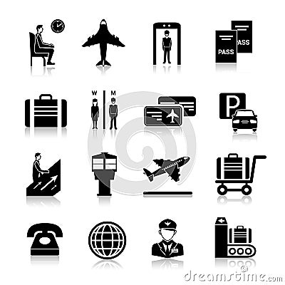 Airport Icons Black Vector Illustration