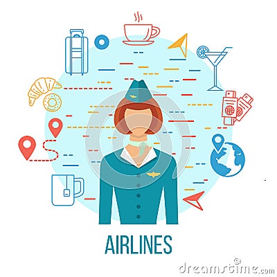 Airport Icons. Professions avatar icon - stewardess. Vector Illustration