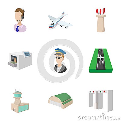 Airport icons set, cartoon style Vector Illustration