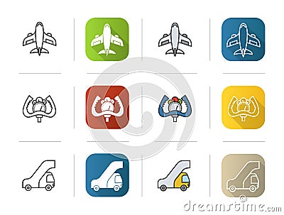 Airport icons set. Flat design, linear and color styles. Aircraft, control wheel, passengers ladder symbol. Isolated Vector Illustration