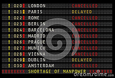 Airport information displaying cancelled and delayed flights due to shortage of staff vector illustration Vector Illustration