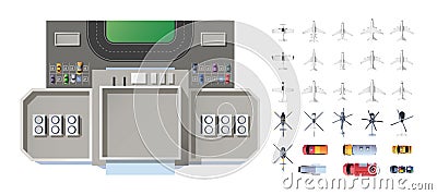 Airport infrastructure top view. Passenger and cargo aircraft and service vehicles collection. Aerial view of airport Vector Illustration