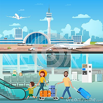 Airport Interior Family Hall Departure Terminal Vector Illustration