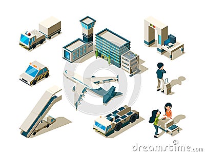 Airport isometric. Control travellers checking passengers luggage conveyor entrance arrival service terminal 3d low poly Vector Illustration