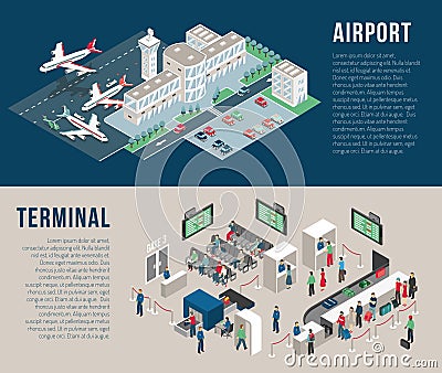 Airport Isometric Horizontal Banners Vector Illustration