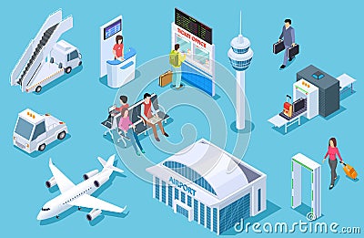 Airport isometric. Passenger luggage, airport terminal. Tower plane passport checkpoint. Business airline travel Vector Illustration