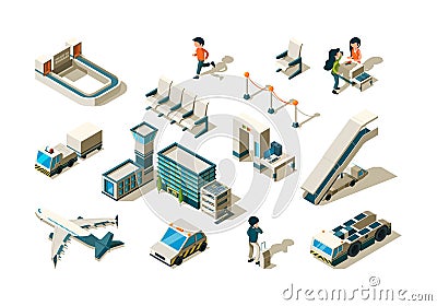 Airport isometric. Terminal equipment security controlling passengers baggage ladder entrance station arrival service Vector Illustration