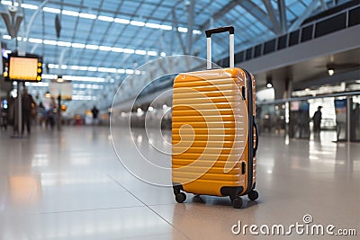 Airport journey Luggage bag in terminal, trolley suitcase, aerodrome backdrop Stock Photo