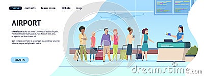 Airport landing page. Passenger terminal queue departure arrival gate, airlines check boarding. Online registration Vector Illustration