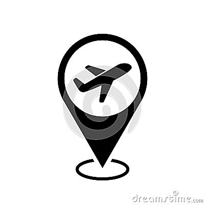 airport location map pointer, plane icon with location pin, black symbol isolated on white background, vector marker Vector Illustration
