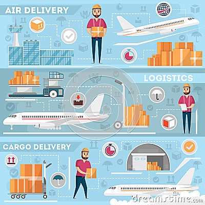 Airport logistics and delivery management set Vector Illustration