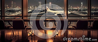 Airport Lounge and Takeoff at Night with City Skyline. Generative AI Stock Photo