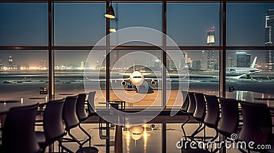 Airport Lounge and Takeoff at Night with City Skyline. Generative AI Stock Photo