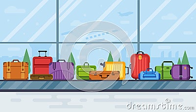 Airport luggage carousel. Baggage scan belt carousels conveyor in airports interior, airline transportation vector Vector Illustration