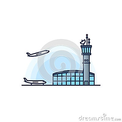 Airport main terminal with airplane on the white background. Vector illustration Vector Illustration