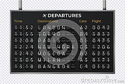 Airport mechanical scoreboard. Realistic equipment board message departures and arrivals flight. Flipping departure Vector Illustration