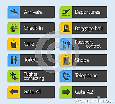 Airport Navigation Design Signboards Set Vector Illustration