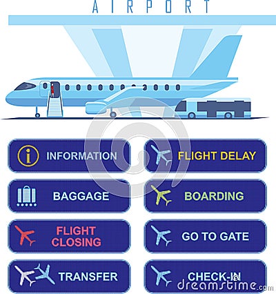 Jet plane boarding time and aiport navigational signs Vector Illustration