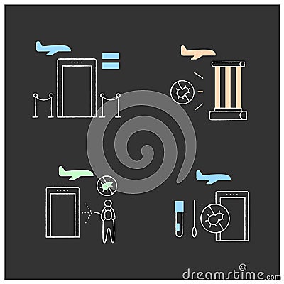 Airport new normal chalk icons set Vector Illustration