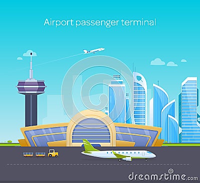 Airport passenger terminal building aircraft taking off. International departure arrive exterior Vector Illustration