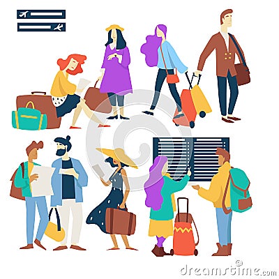 Airport plane passengers waiting for flight isolated characters Vector Illustration