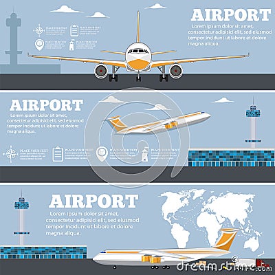 Airport poster set with airplane Vector Illustration