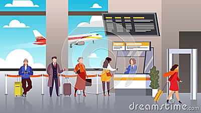 Airport registration. People queue departure passengers in line baggage register flight check terminal tourism travel Vector Illustration