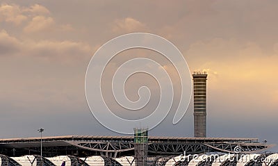 Airport roof and air traffic control tower in the airport. Airport traffic control tower for control airspace by radar. Aviation Stock Photo