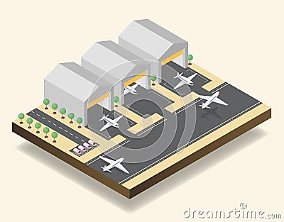 Airport runway, airfield isometric vector illustration. Modern air transportation business, aviation industry Vector Illustration