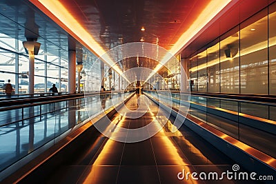 The airport's dynamic flow blurred travelers on parallel moving walkways, a straight path Stock Photo