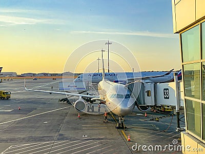 Airport scene, Aeroflot airplanes, Moscow Sheremetyevo airport Editorial Stock Photo