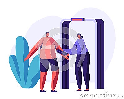 Airport Security Check Concept with Guard Character Scanning Passenger with Metal Detector. Security Checkpoint with Body Scanner Vector Illustration