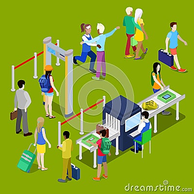 Airport Security Checkpoint with a Queue of Isometric People with Baggage Vector Illustration