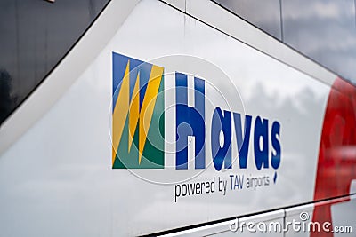 Airport shuttle bus of Havas service. Havas is a subsidiary of TAV Airports. Editorial Stock Photo